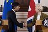 UK Prime Minister Rishi Sunak and EU Commission President Ursula von der Leyen shake hands at a press conference