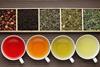 Looking down on four tea cups containing different kinds of tea, as well as the corresponding ingredients in containers