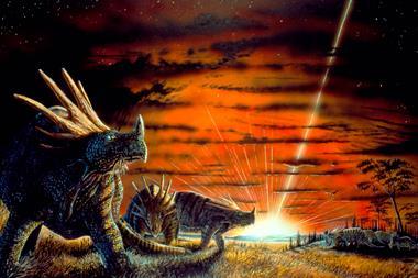 Dinosaurs watch a meteor hit the Earth