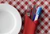 A semaglutide injecting 'pen' wrapped in a napkin with a knife and fork, on a red gingham tablecloth, next to a white plate