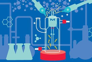 Illustration of an electrosynthesis setup in a lab, showing electricity, chemical reactions, and lab equipment like flasks