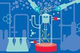 Illustration of an electrosynthesis setup in a lab, showing electricity, chemical reactions, and lab equipment like flasks