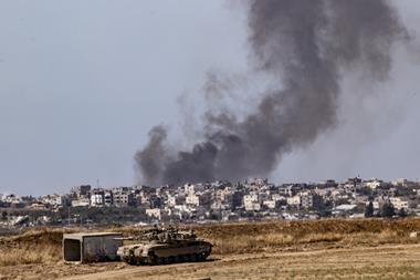 Smoke rises from the area after Israeli army launching an airstrike on the Jabalia Refugee Camp of Gaza City