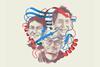 Portraits of David Baker, Demis Hassabis and John Jumper surrounded by red and blue protein alpha-helices and beta-sheets