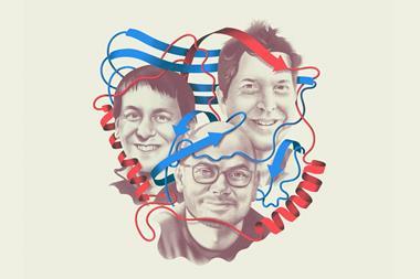 Portraits of David Baker, Demis Hassabis and John Jumper surrounded by red and blue protein alpha-helices and beta-sheets